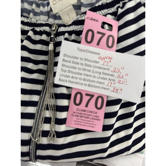 Chicos Women’s 1 US M Striped Pleated Neck Zip w/Metal Tassel Long Sleeve Tunic - Picture 8 of 8